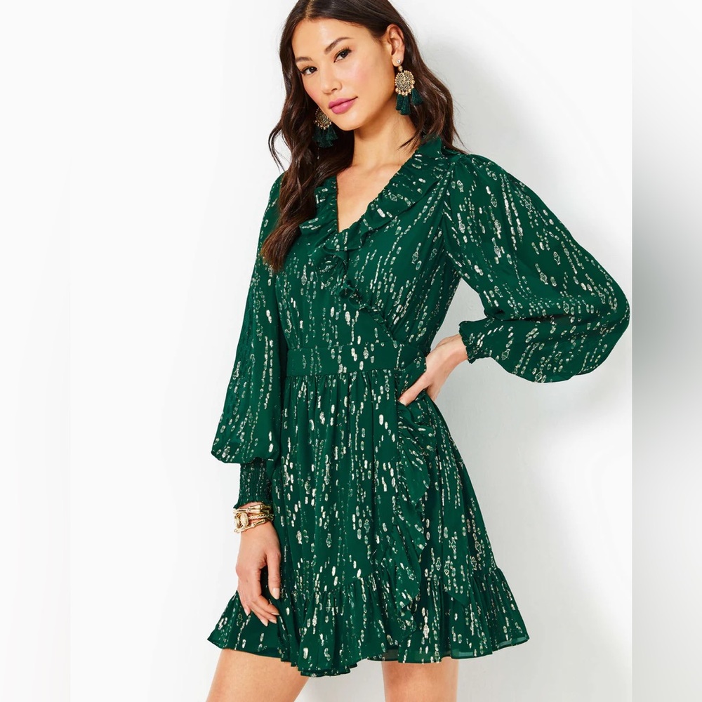 NWT Lilly Pulitzer Birdy Silk Wrap Dress in Evergreen Fish Clip Chiffon